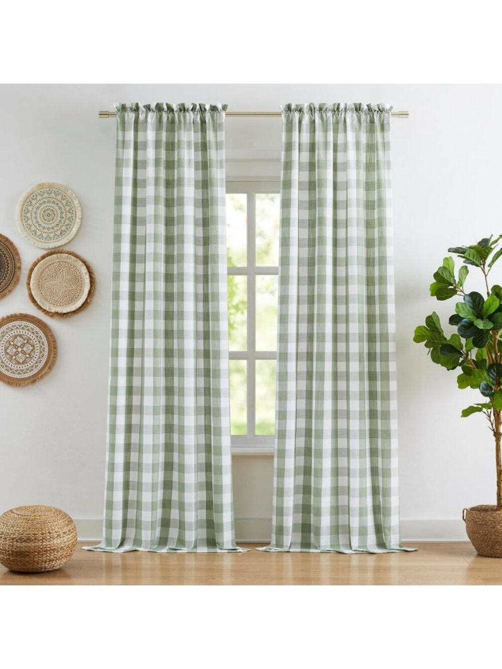 Sage Green Buffalo Plaid Semi-Sheer Curtains, 84" Long, Stylish Home Decor